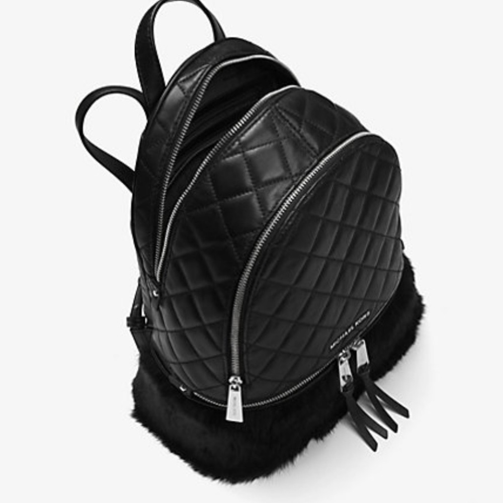 Michael Kors Black Quilted Fur-Trim Backpack - Picture 2 of 13